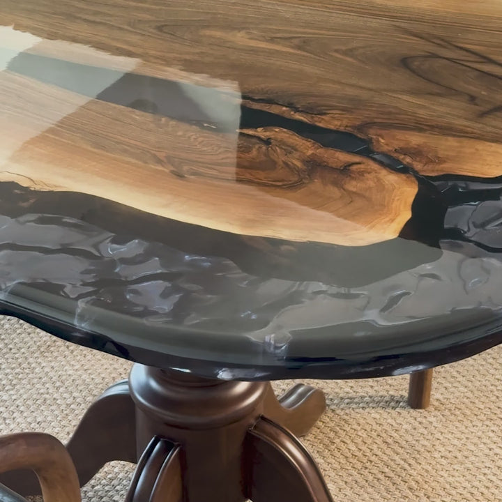 Epoxy walnut table designed for living rooms in a video.