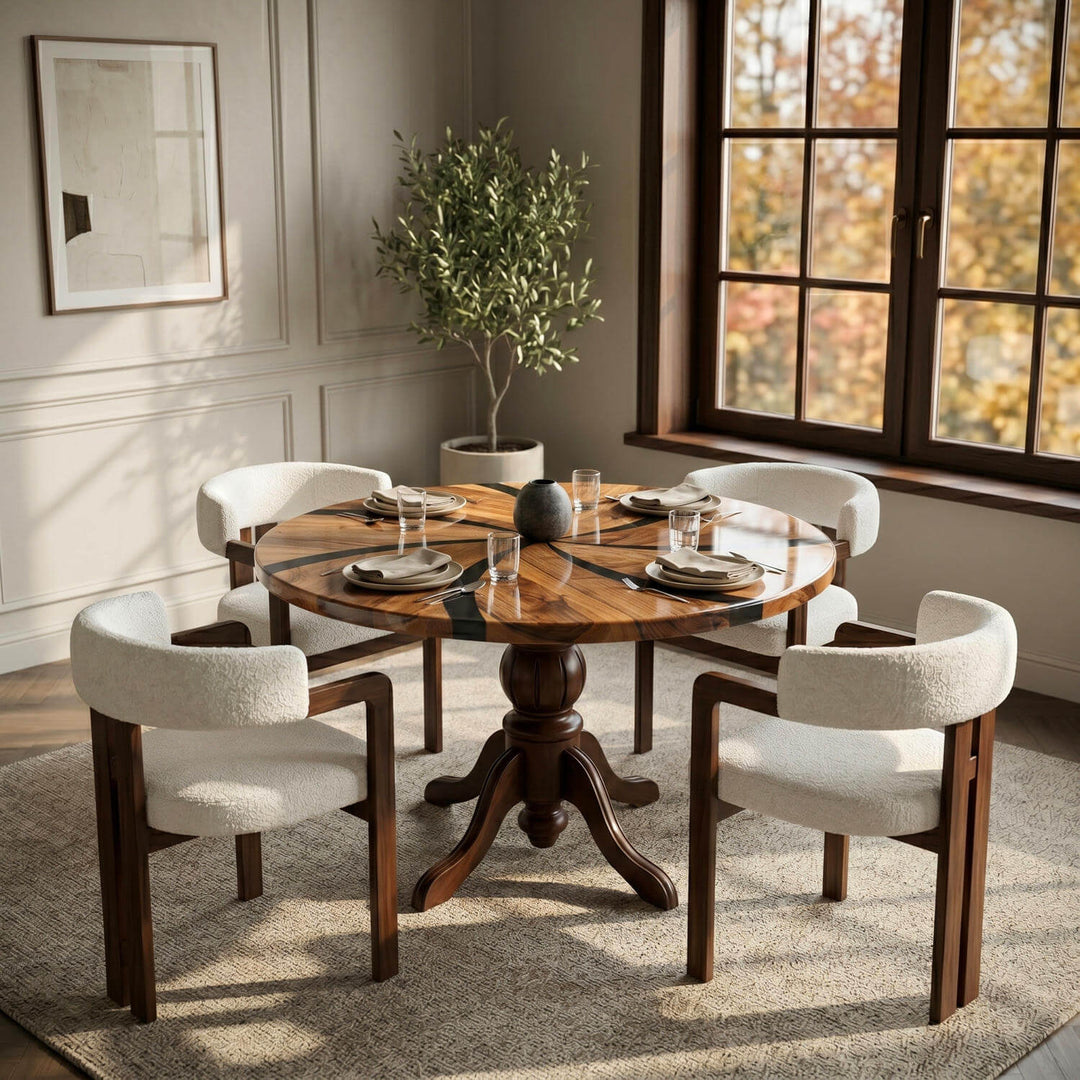 A luxury round table drawing attention with its propeller-patterned wood texture radiating from the center and the aesthetic turned leg details at the base.