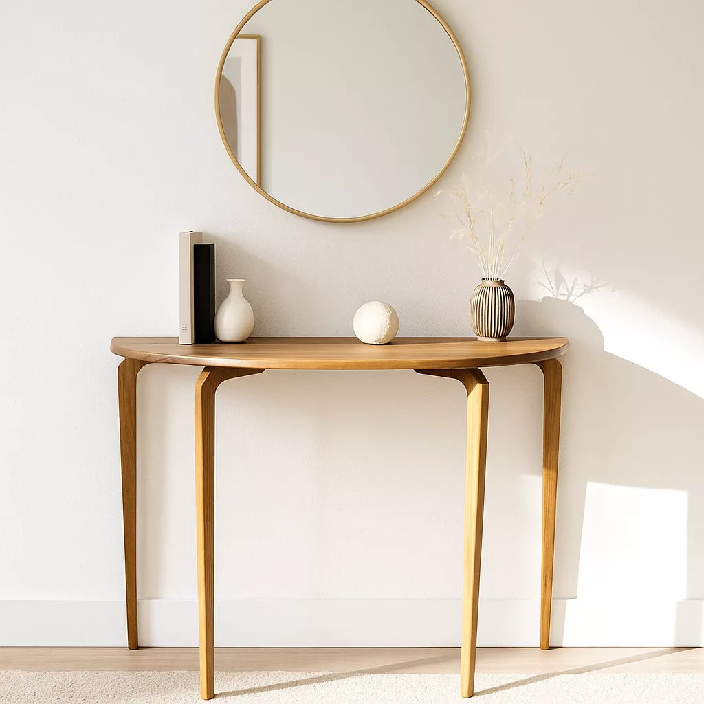 Demilune walnut entryway console table with angled legs under a round gold-framed mirror