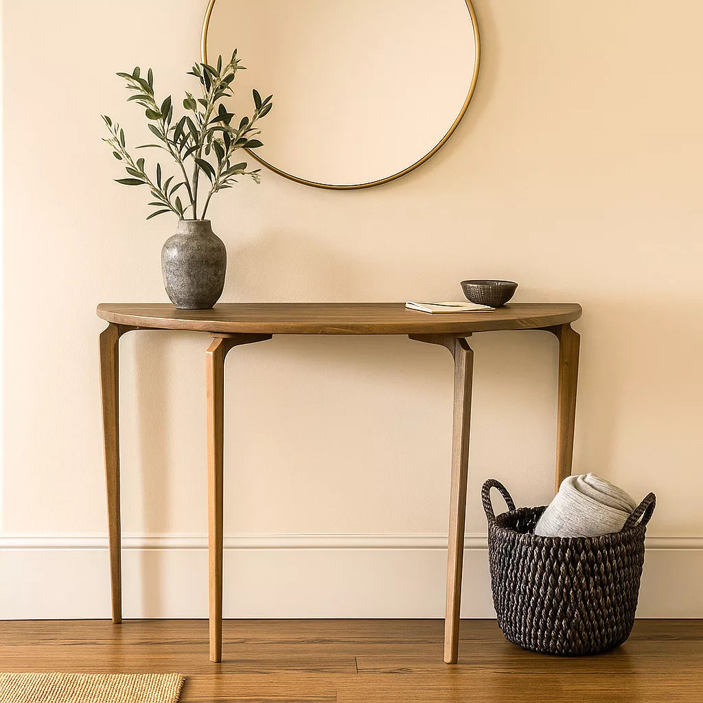 Mid century modern half-round walnut entryway console with slim legs, a basket on the floor beside it