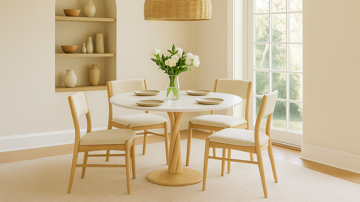 White round pedestal dining table with four light wood chairs in a bright dining room