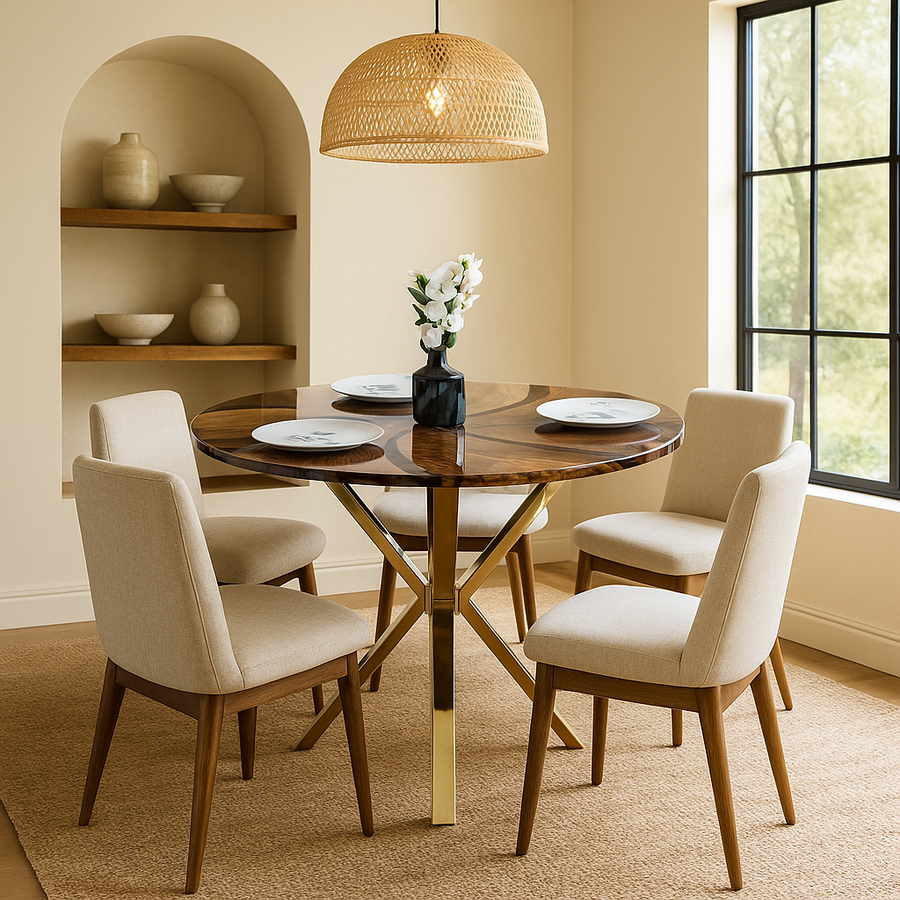 Round walnut epoxy dining table with black pinwheel pattern and gold crossed legs, with four cream chairs