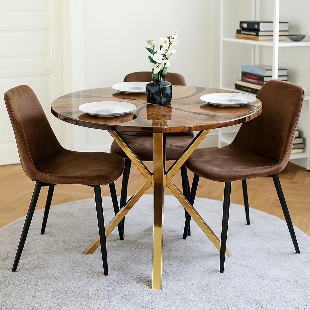 Round walnut epoxy dining table with gold crossed legs and brown upholstered chairs on a round gray rug