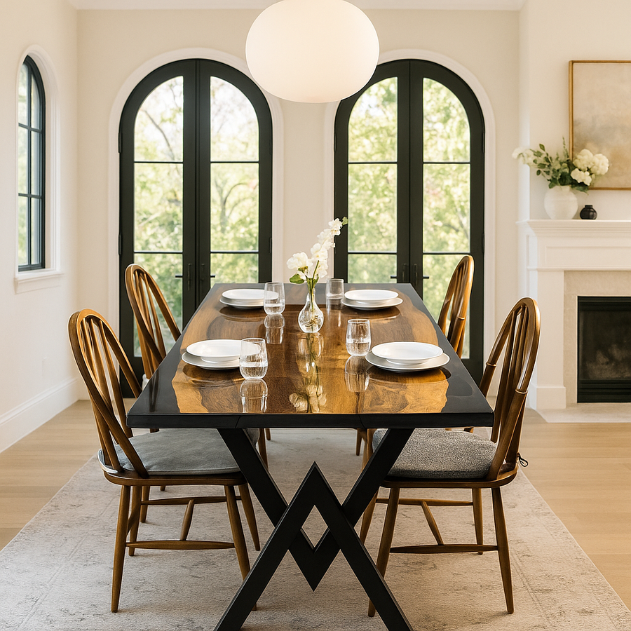 Noir walnut dining table with black epoxy edges and metal X shaped legs in a room with arched windows