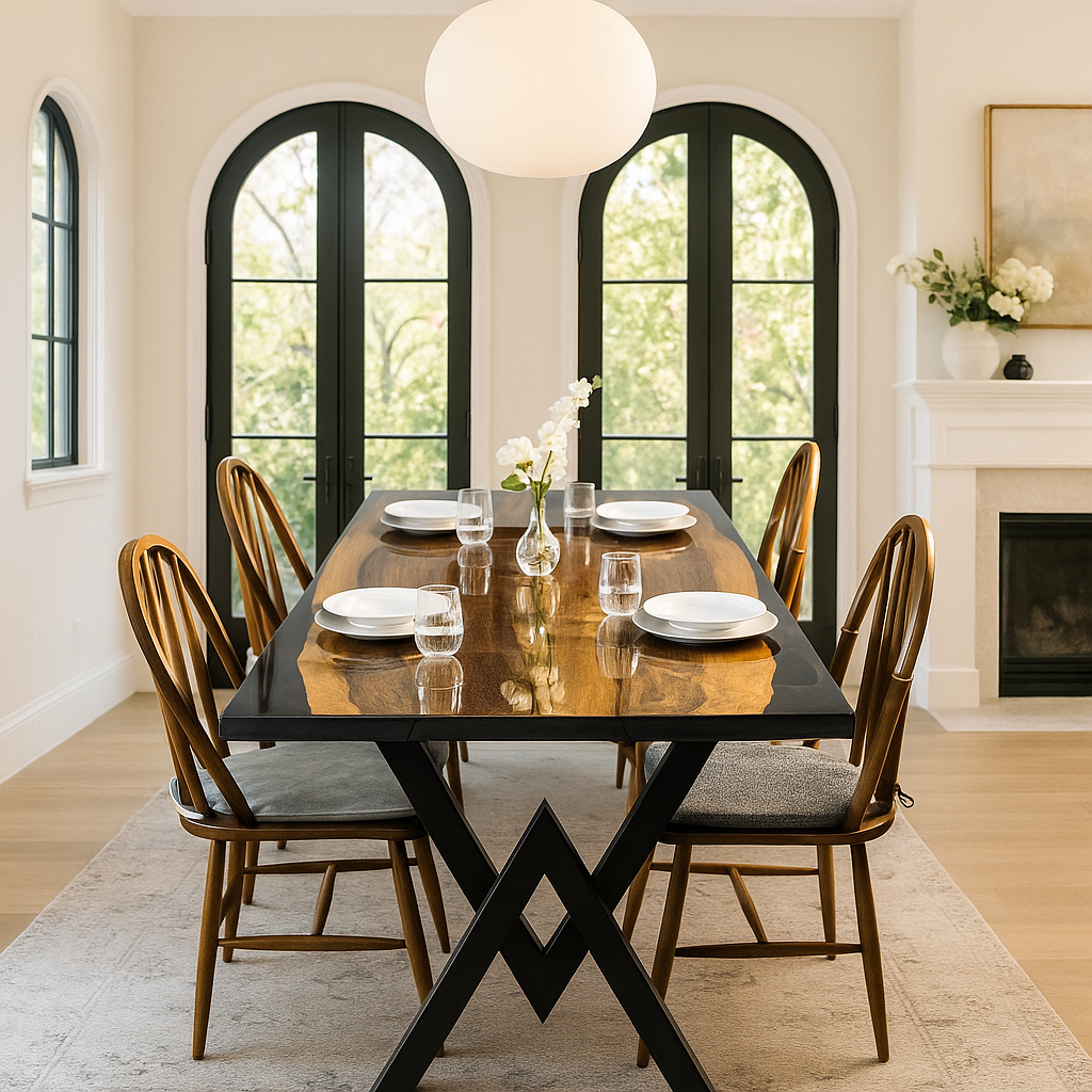 Dining room with a black dining table and wooden chairs in a well-lit room.