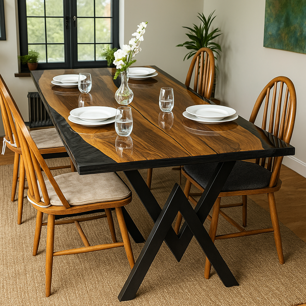 Dining room with a wooden table and chairs on a carpeted floor.