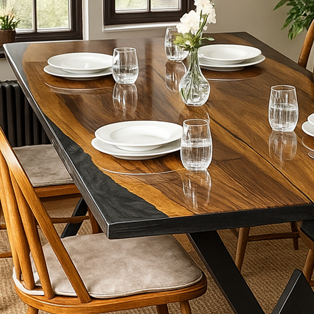 Dining table set with plates, glasses, and a vase of flowers in a room with windows.