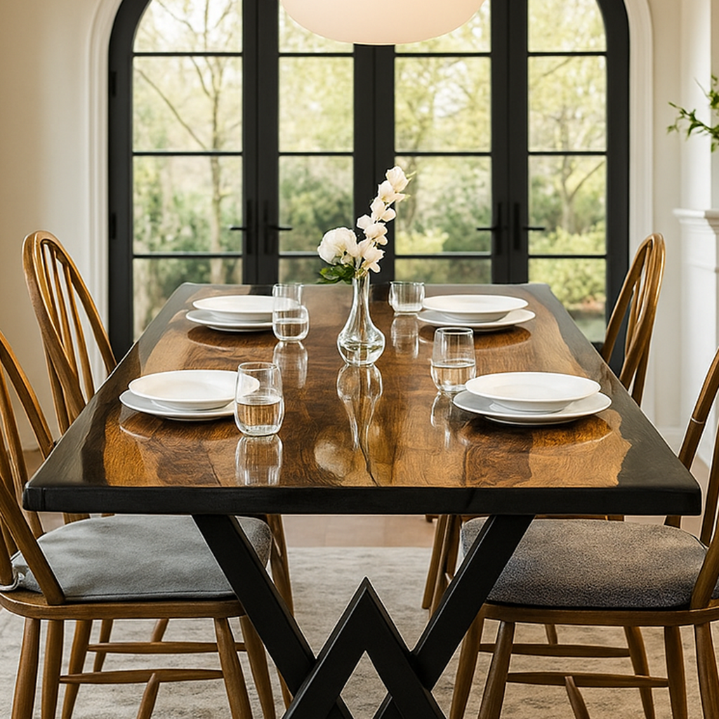 Dining room with a wooden table set for four, featuring plates, glasses, and a vase with flowers.