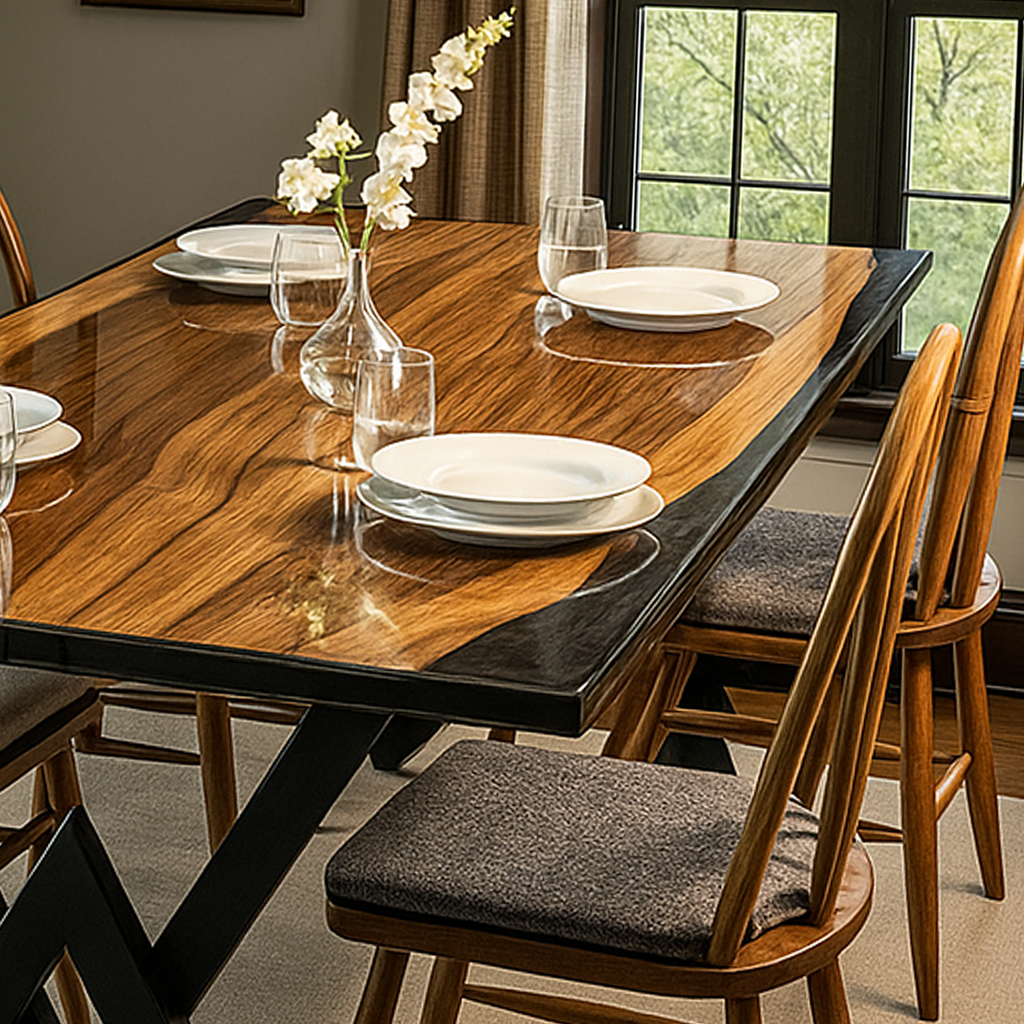 Dining table set with plates, glasses, and a vase of flowers in a room with large windows.