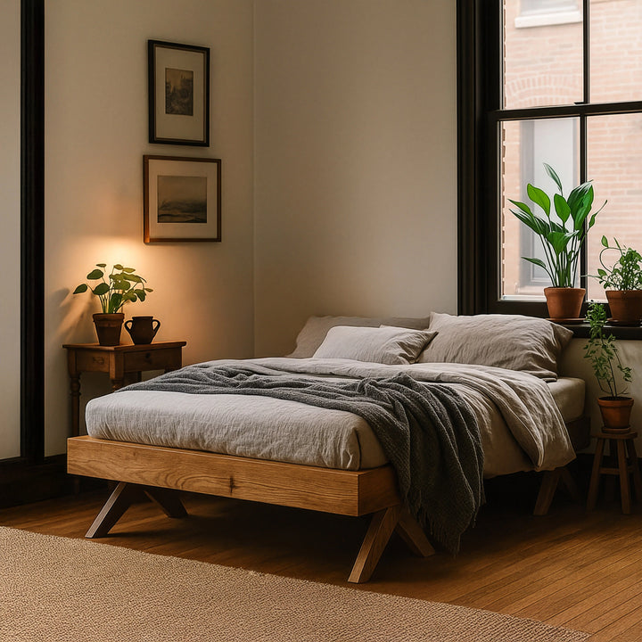 A stylish bedroom with a Scandinavian bed frame, a bedside lamp, and a window that brightens the space.