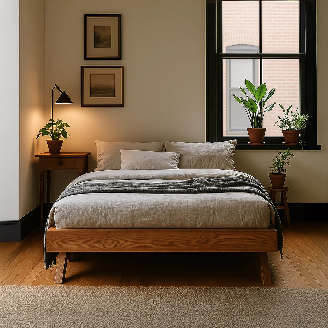 A stylish Scandinavian bed frame beside a window, with natural light enhancing the serene bedroom setting.