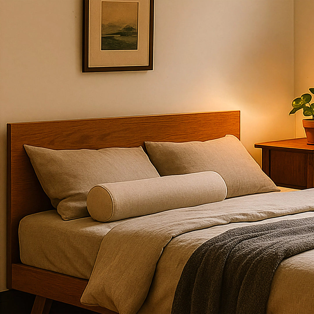 A minimalist Scandinavian bed frame dressed in a white sheet, accompanied by a stylish lamp for a serene atmosphere.