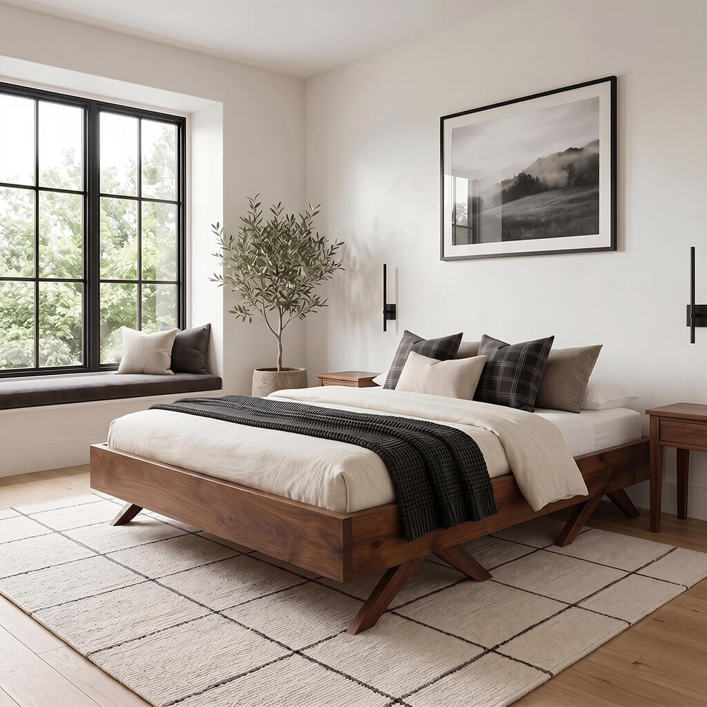 Contemporary platform bed frame with angled base legs styled in a bright, cozy bedroom interior