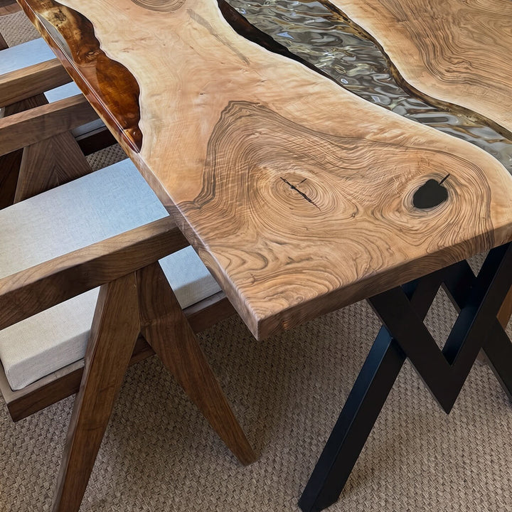 Modern executive dining table with unique central flow design and modern cross base