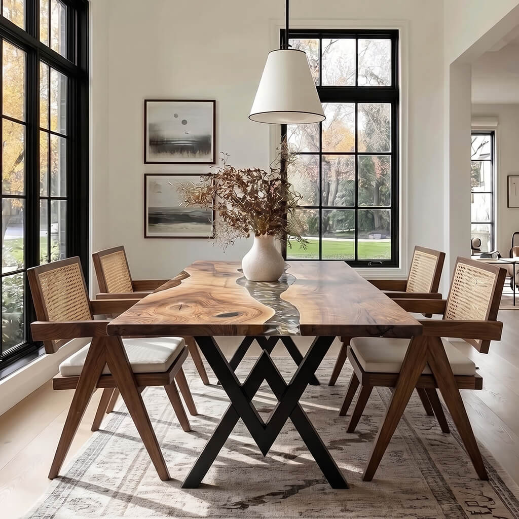 Luxury dining table with natural edge detailing and central stream feature for modern homes