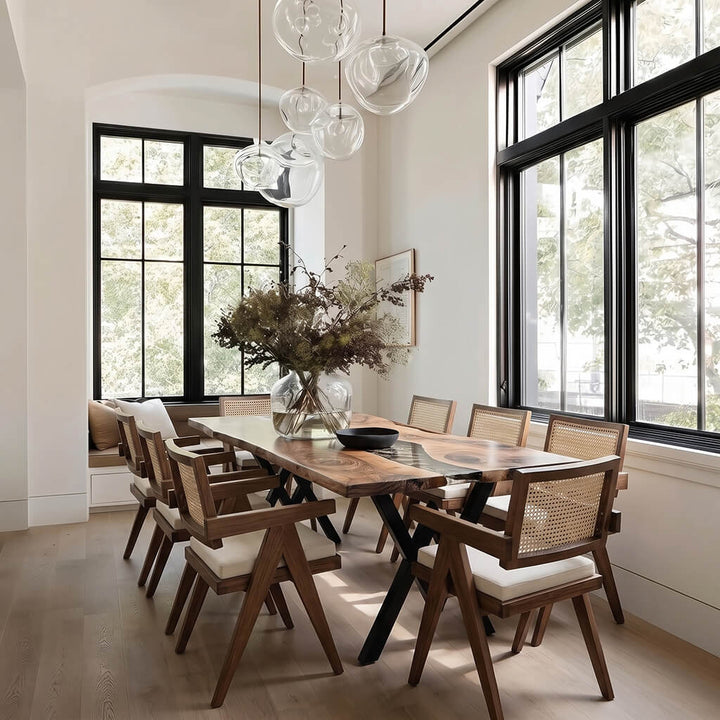 Elegant dining table with live edge aesthetic and natural central pattern in a bright dining room