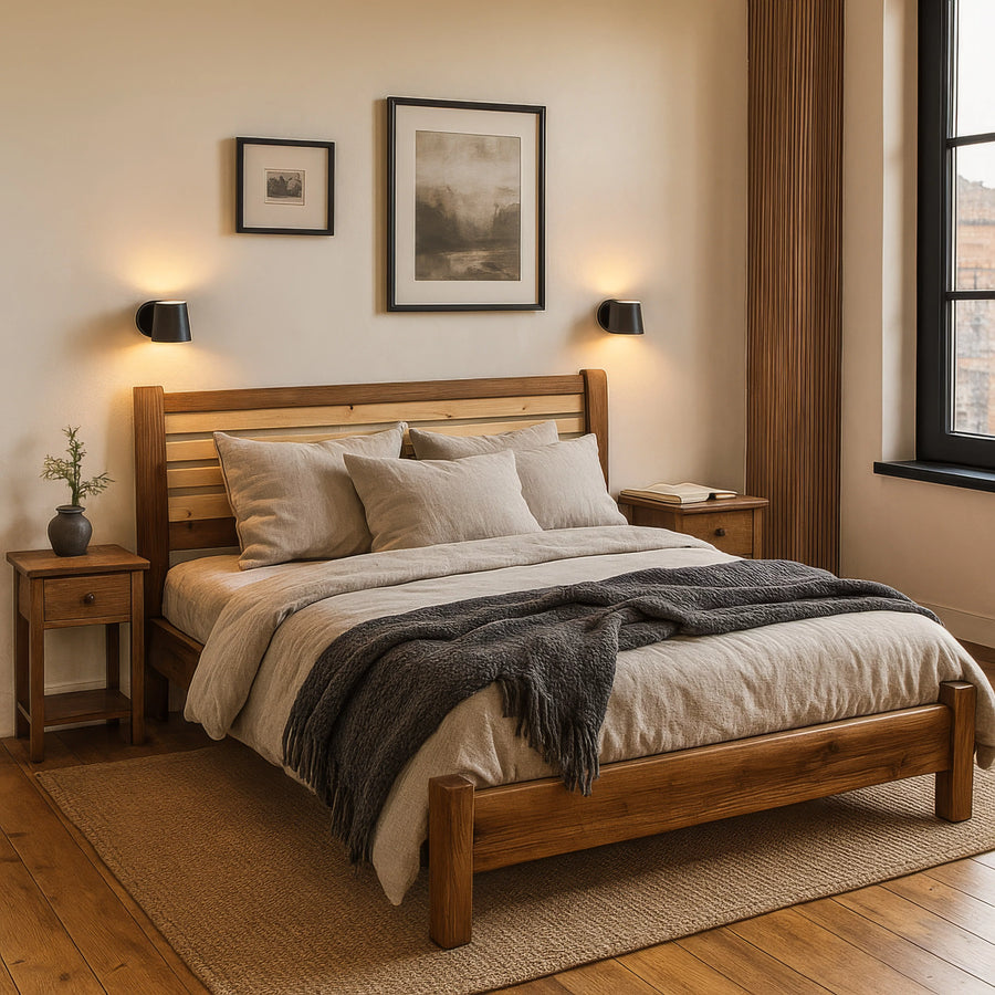 Solid walnut platform bed frame with a slatted headboard in a bedroom with two nightstands, wide view