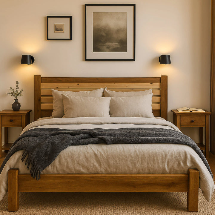 A modern Scandinavian bed frame with a wooden headboard, highlighting clean lines and a warm, inviting aesthetic.