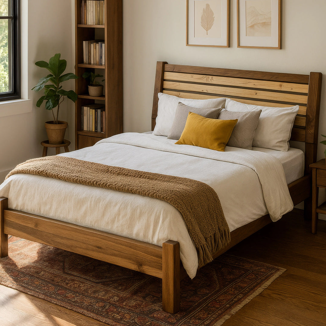 Elegant Scandinavian bed frame with a prominent headboard, emphasizing simplicity and modern aesthetics.