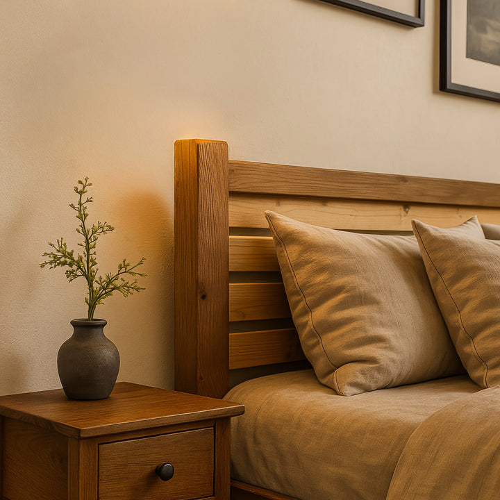 A wooden Scandinavian bed frame with a sleek design, emphasizing simplicity and natural materials in a cozy bedroom setting.