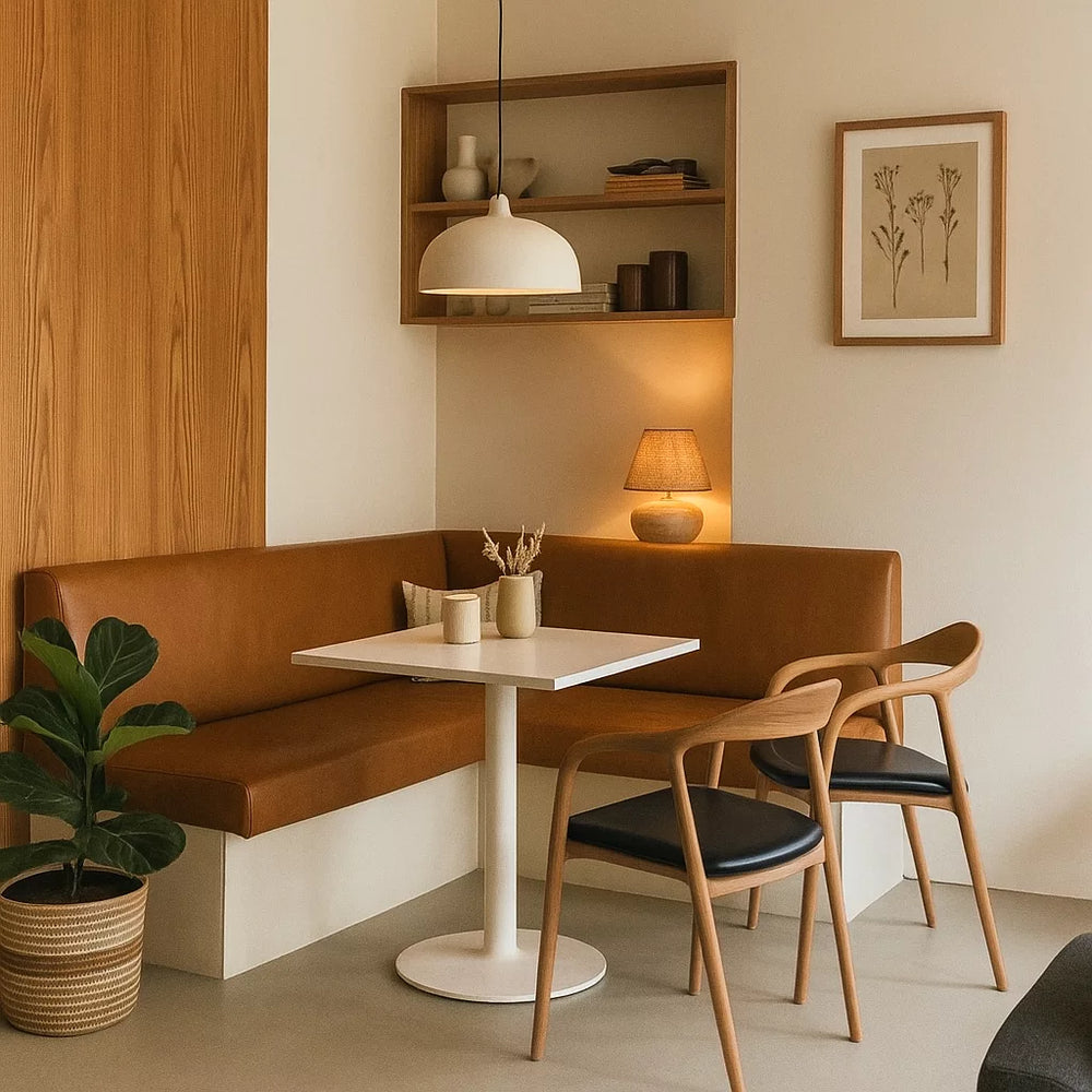 A cozy room featuring a small table and two Solid Wood Beech Dining Chairs with black leather cushions.