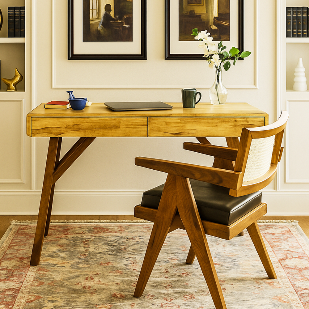 Wooden desk with chair in a home office setting