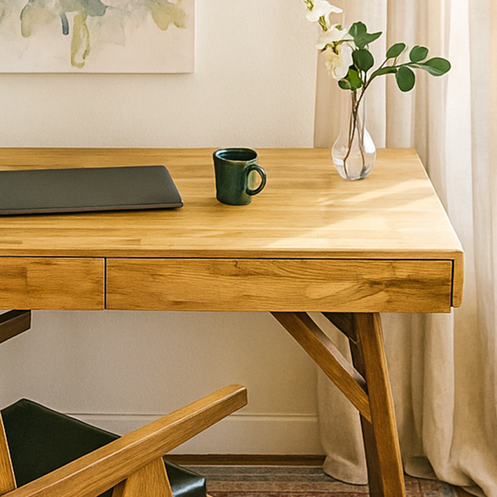 Wooden desk with a green mug and vase in a home office setting