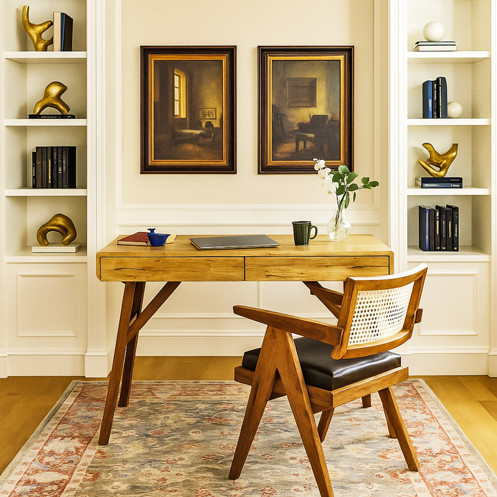 Home office with wooden desk, chair, and wall art