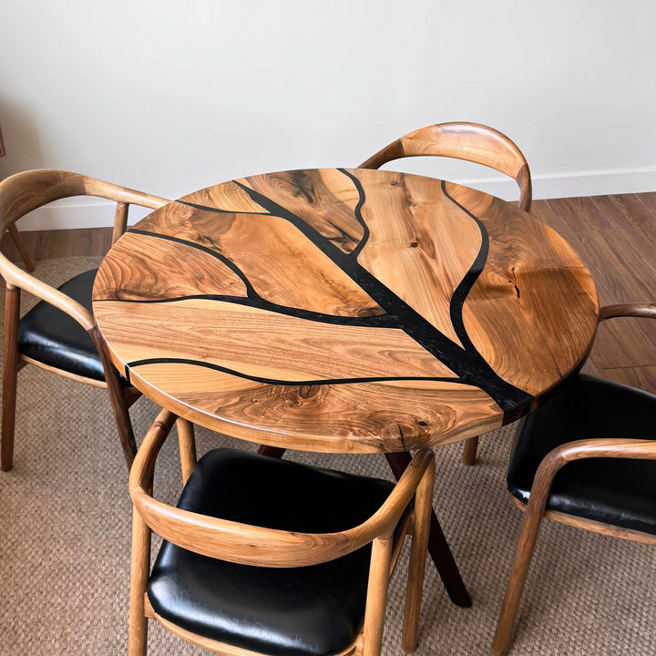Premium tree pattern walnut table showcasing meticulous craftsmanship and smooth resin finishes, ideal for a contemporary dining setup.