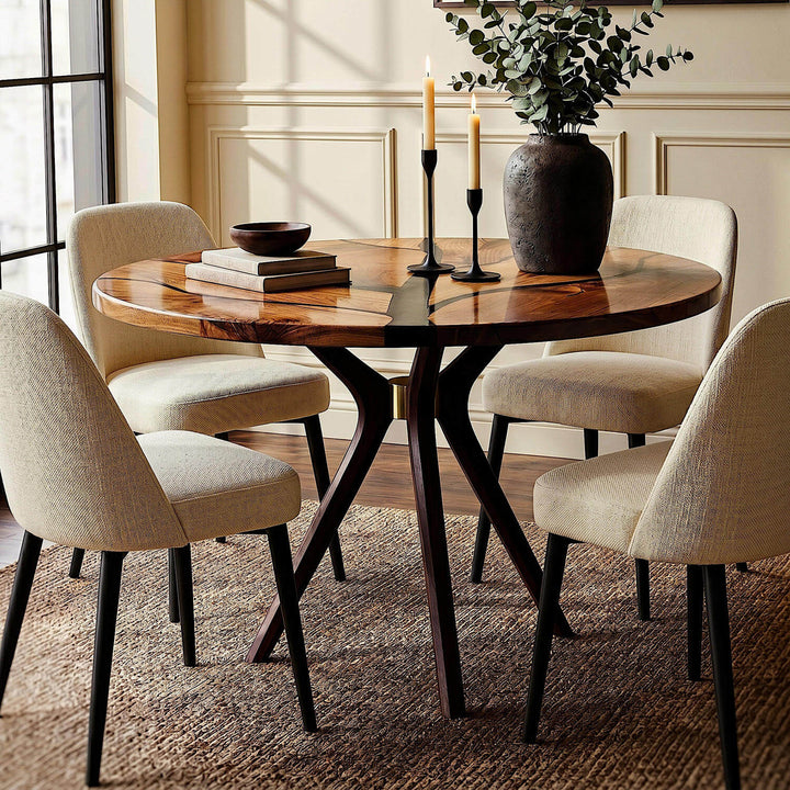 Round tree pattern walnut table featuring an artistic epoxy tree silhouette on its glossy top, displayed with matching wooden dining chairs.