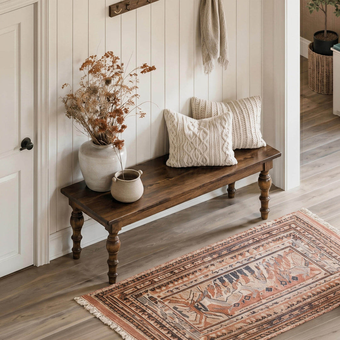 Farmhouse style turned leg wooden bench showcasing a polished solid timber seat and detailed craftsmanship.