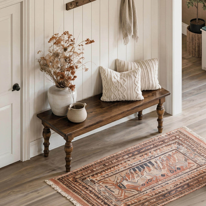 Farmhouse style turned leg wooden bench showcasing a polished solid timber seat and detailed craftsmanship.