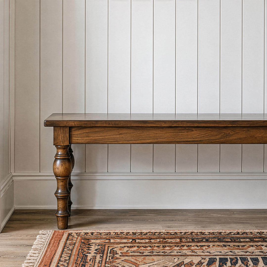 Versatile turned leg wooden bench designed for dining table seating, mudrooms, or living room accent decor.