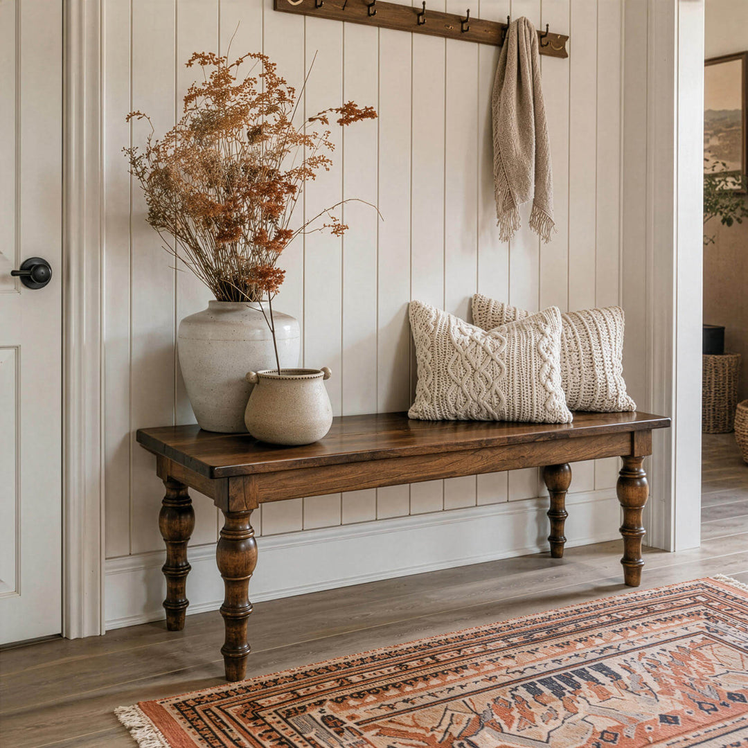 A timeless statement piece for home interiors featuring the durable and elegant turned leg wooden bench.