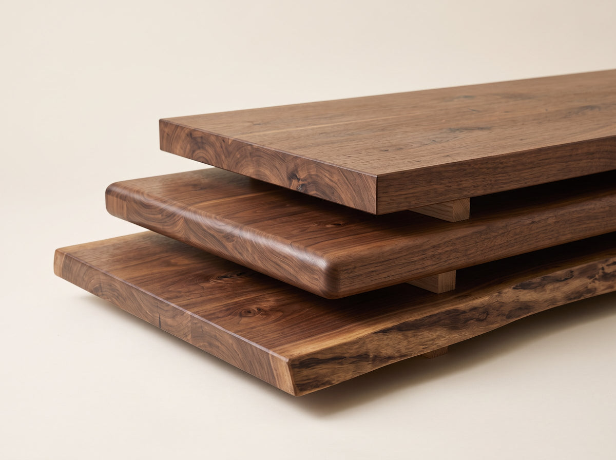 Three walnut tabletops stacked to show a square edge, a rounded edge and a natural live edge