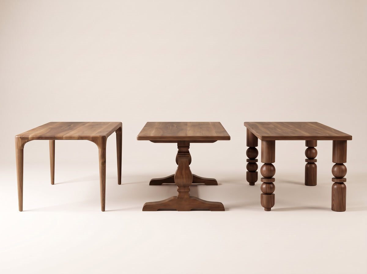 Three walnut tables with the same top on different bases: tapered legs, a trestle base and turned legs