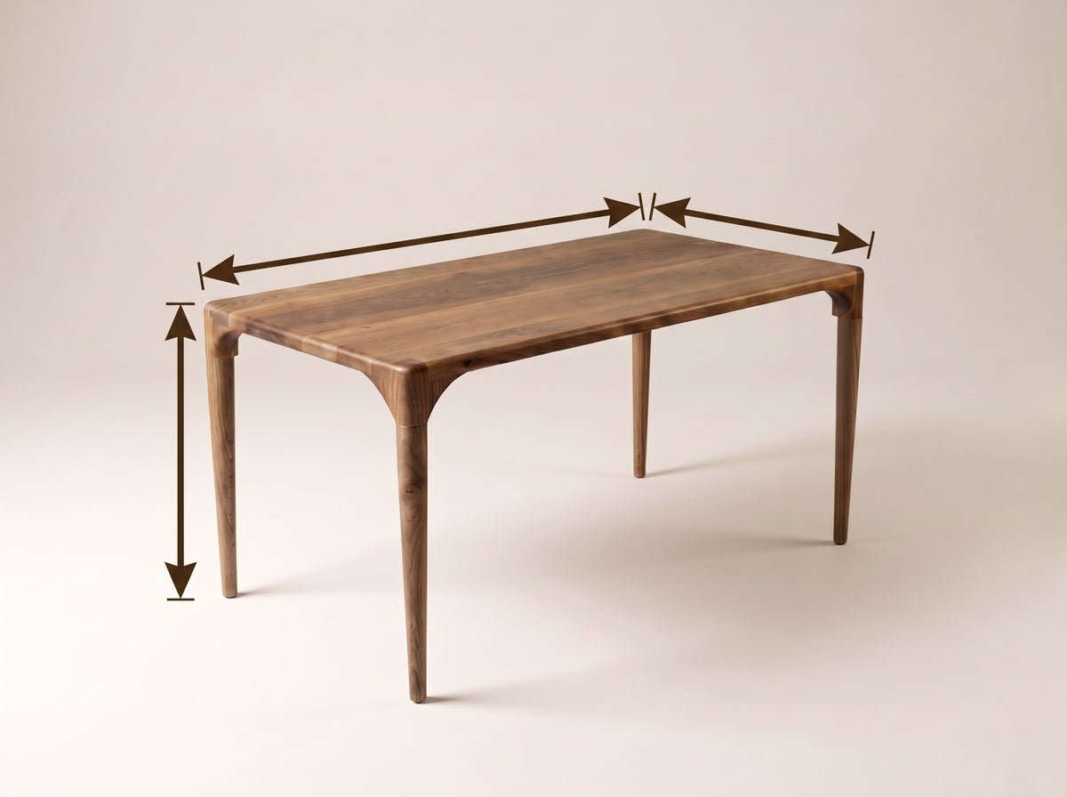 Walnut dining table with arrows marking its length, width and height