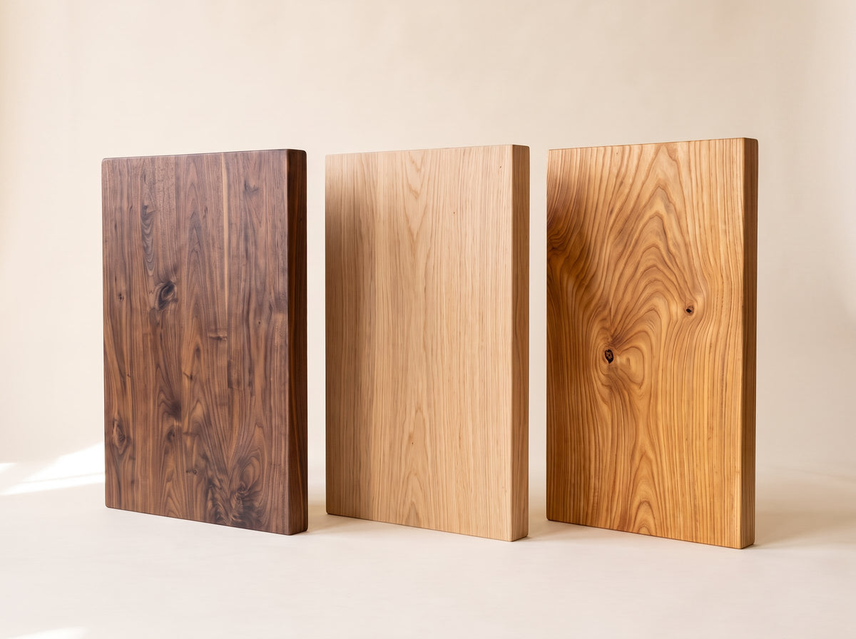 Three solid wood boards side by side: walnut, oak and chestnut