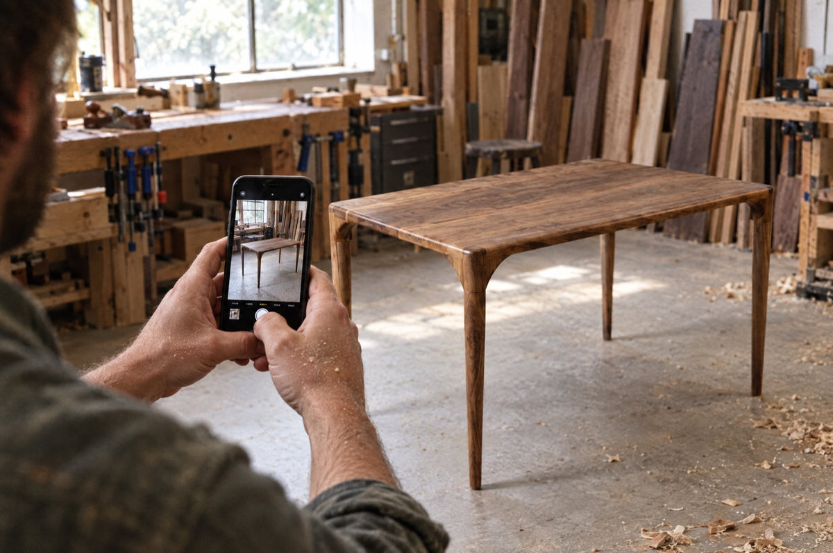 Woodworker taking a phone photo of a finished walnut dining table in the workshop