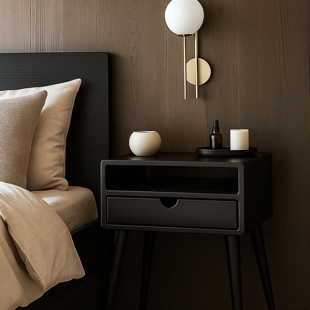 Black nightstand with open shelf and drawer on tapered legs next to a bed with beige pillows