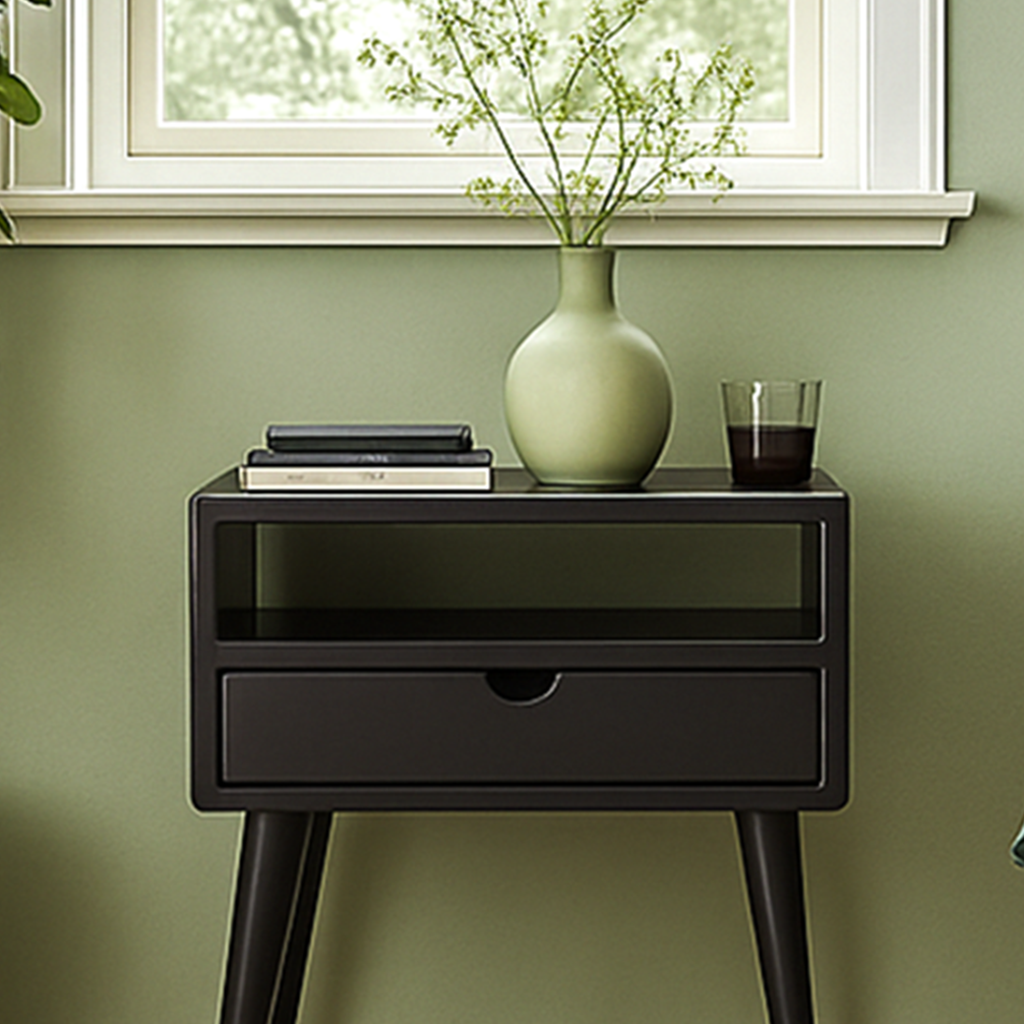 Black bedside table with drawer and shelf against a sage green wall under a window
