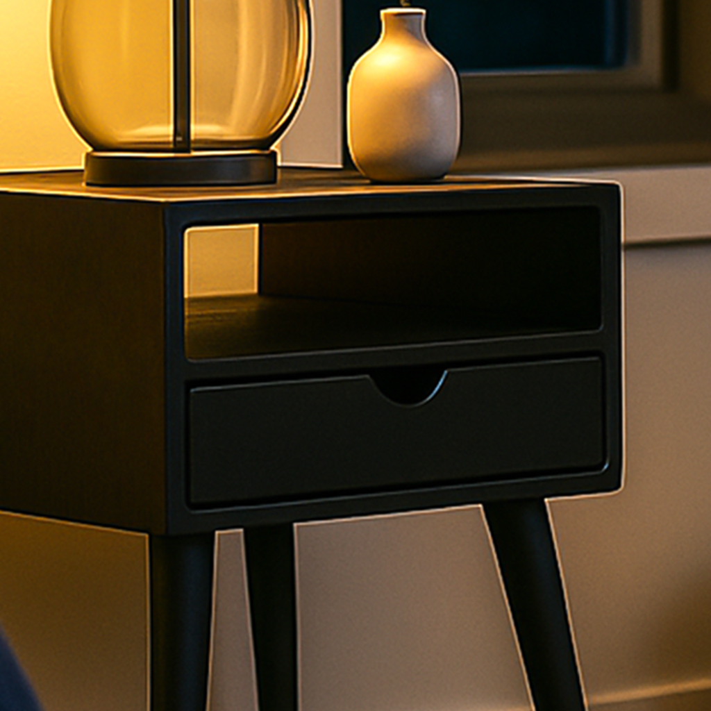 Corner close-up of the black nightstand with a lit lamp above the open shelf and drawer