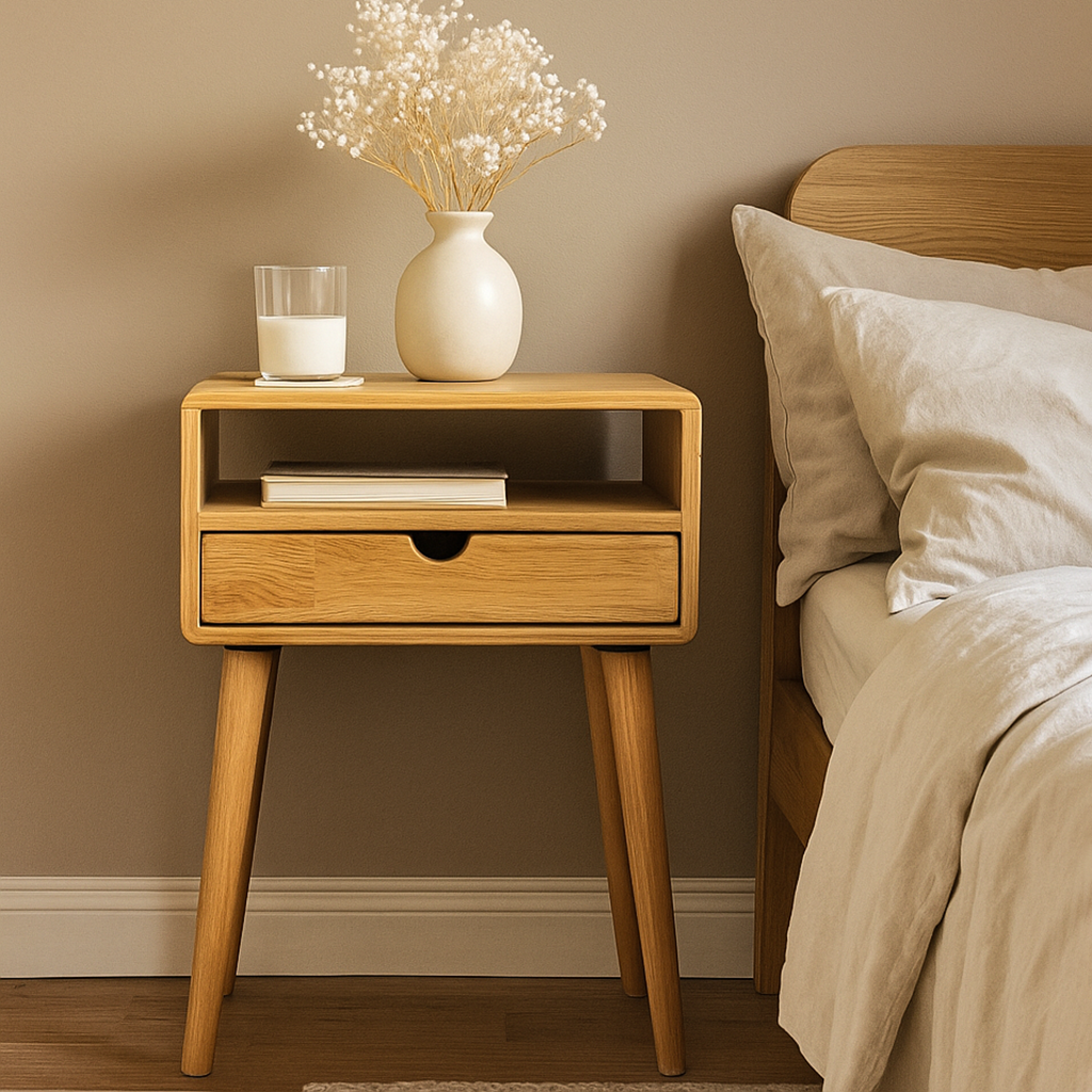 Light oak nightstand with open cubby and drawer on tapered legs beside a bed, glass of milk on top