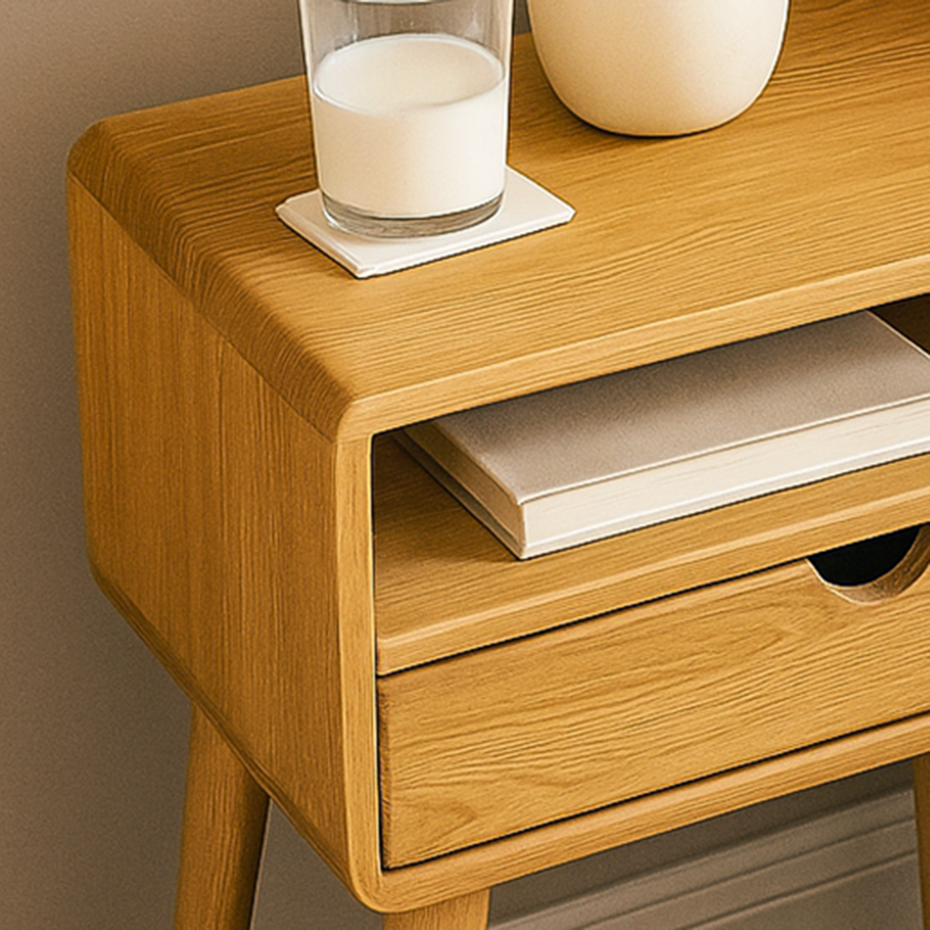Close-up of the rounded corner, open cubby and drawer of the light oak nightstand