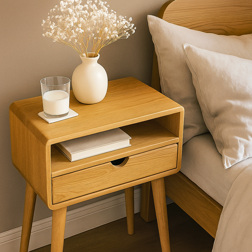Light oak nightstand with drawer and open shelf next to a bed with beige bedding, angled view