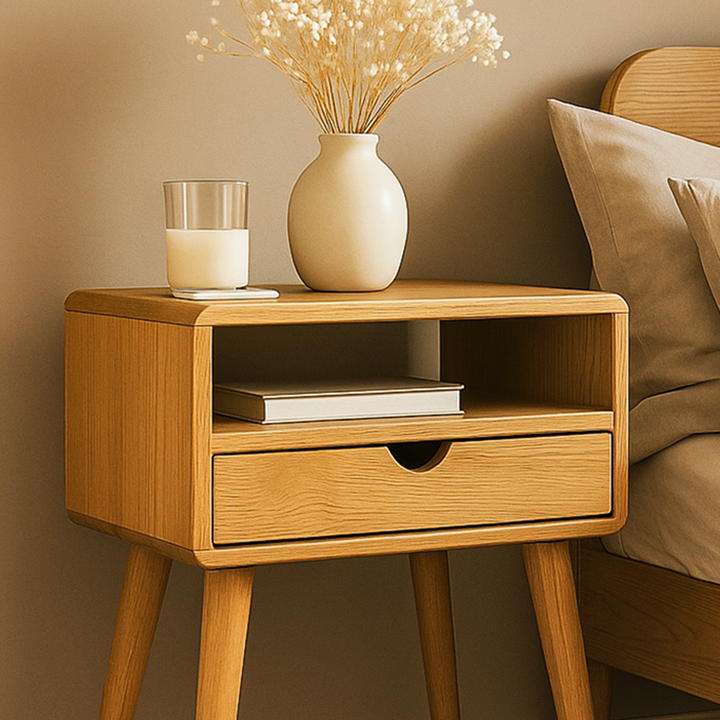 Wooden nightstand with a vase, candle, and book against a beige wall.