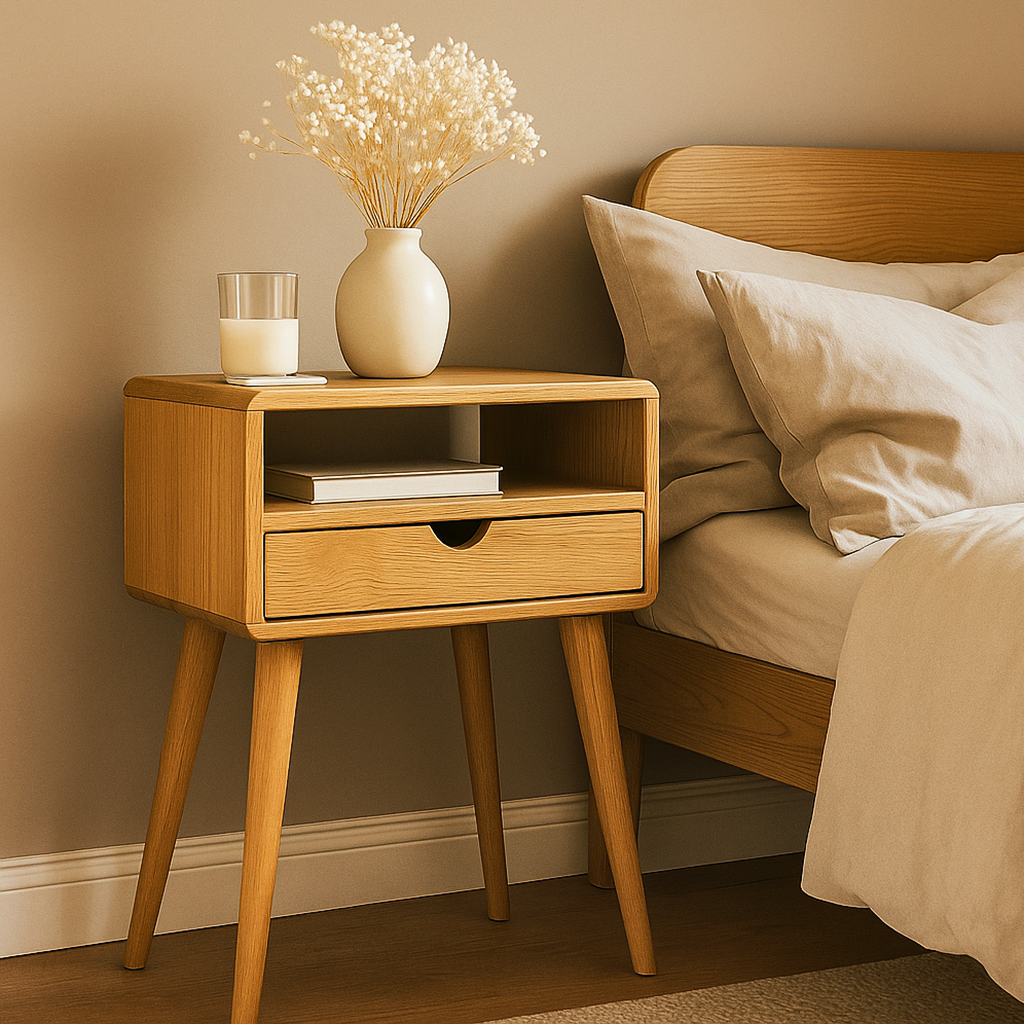 Wooden nightstand with a vase of flowers and a candle next to a bed with beige bedding.