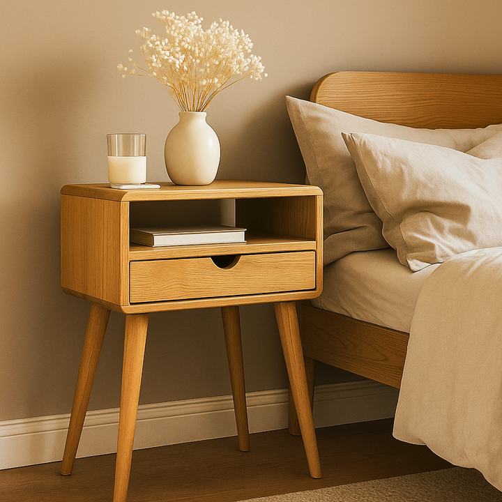 Wooden nightstand with a vase of flowers and a candle next to a bed with beige bedding.