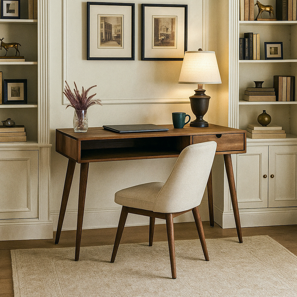 Front view of the walnut desk with drawer and open shelf between built-in cabinets and bookshelves
