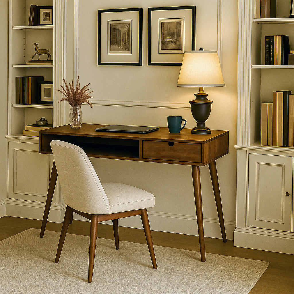 Walnut boho desk with tapered legs and a cream chair at its side, wider view of the paneled room